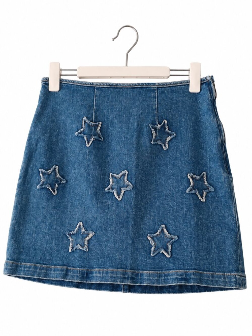 Le Jean Blue Denim Star Detail Stretch Cotton Side Zip A-Line Mini Skirt Y2K XS